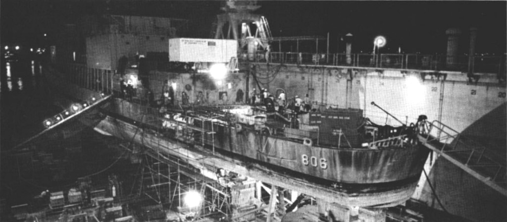 Figure 3 - The USS Higbee (DD-806), under repair in the Philippines after the attack by the VPAF.