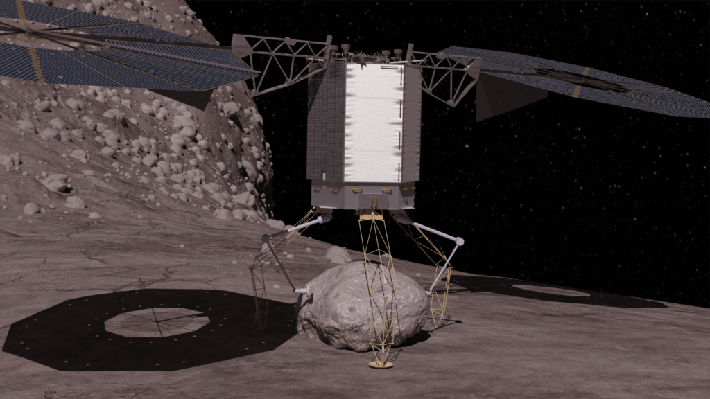 In this concept image, the robotic vehicle descends to the surface of a large asteroid to collect a boulder that it can redirect to a distant retrograde lunar orbit.